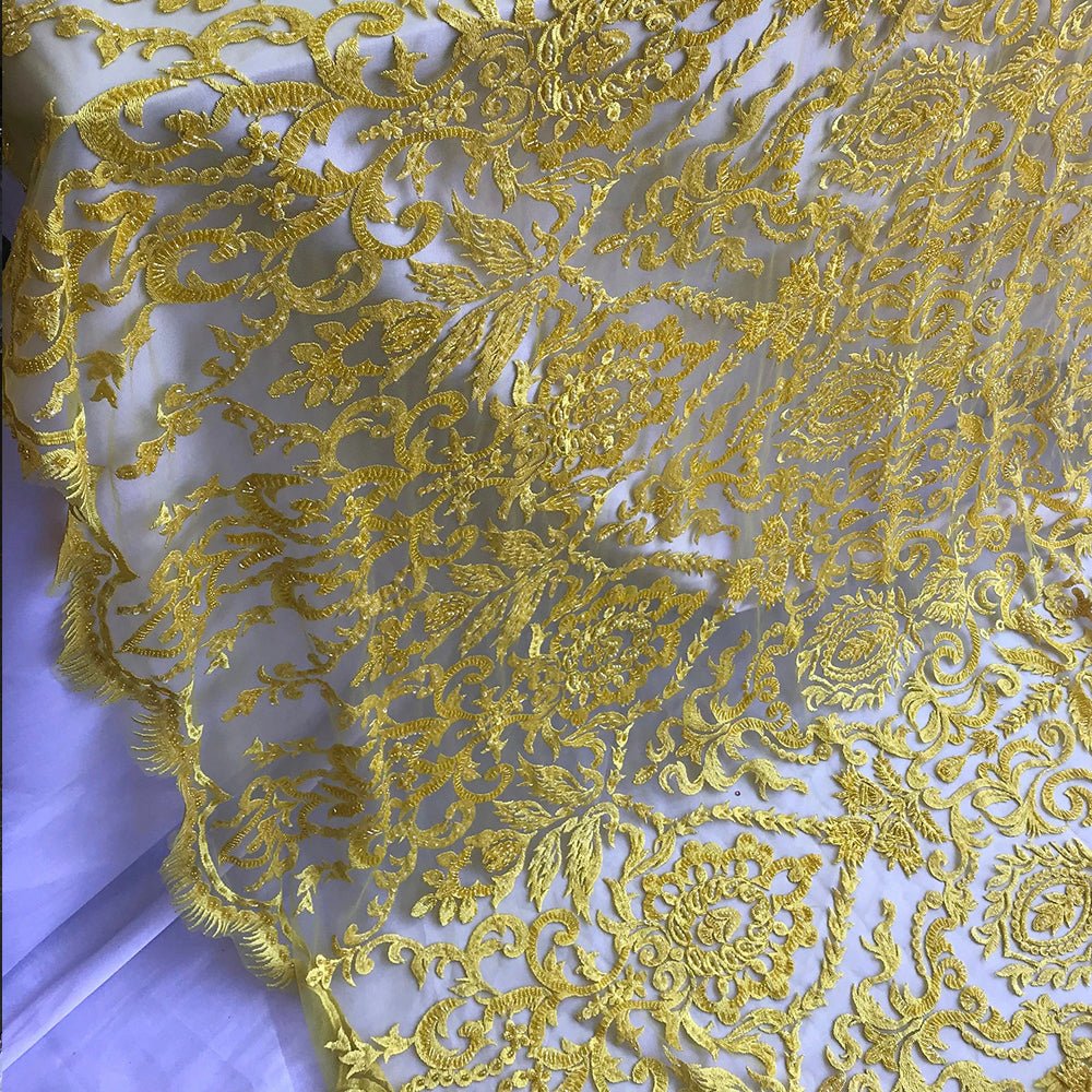 French Beaded Fabric, Lace Fabric Geometric By The YardICE FABRICSICE FABRICSYellowFrench Beaded Fabric, Lace Fabric Geometric By The Yard ICE FABRICS Yellow