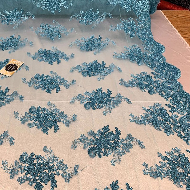 Blue and Blush Lace Fabric Embroidery Floral Lace Overlay for