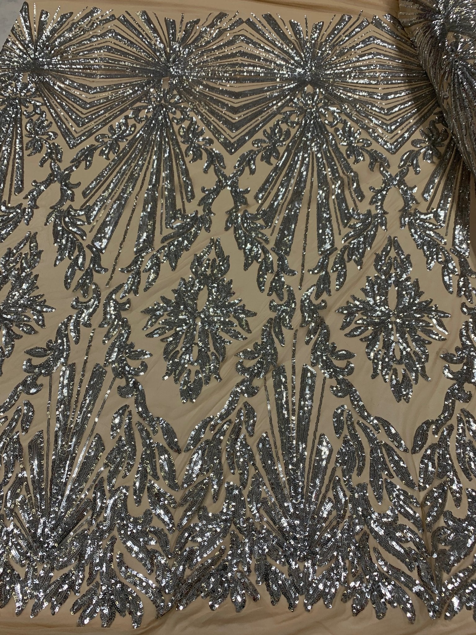 French Embroidery Stretch Sequins Fabric By The Yard on a Mesh LaceICEFABRICICE FABRICSSilver on Nude MeshFrench Embroidery Stretch Sequins Fabric By The Yard on a Mesh Lace ICEFABRIC Silver on Nude Mesh