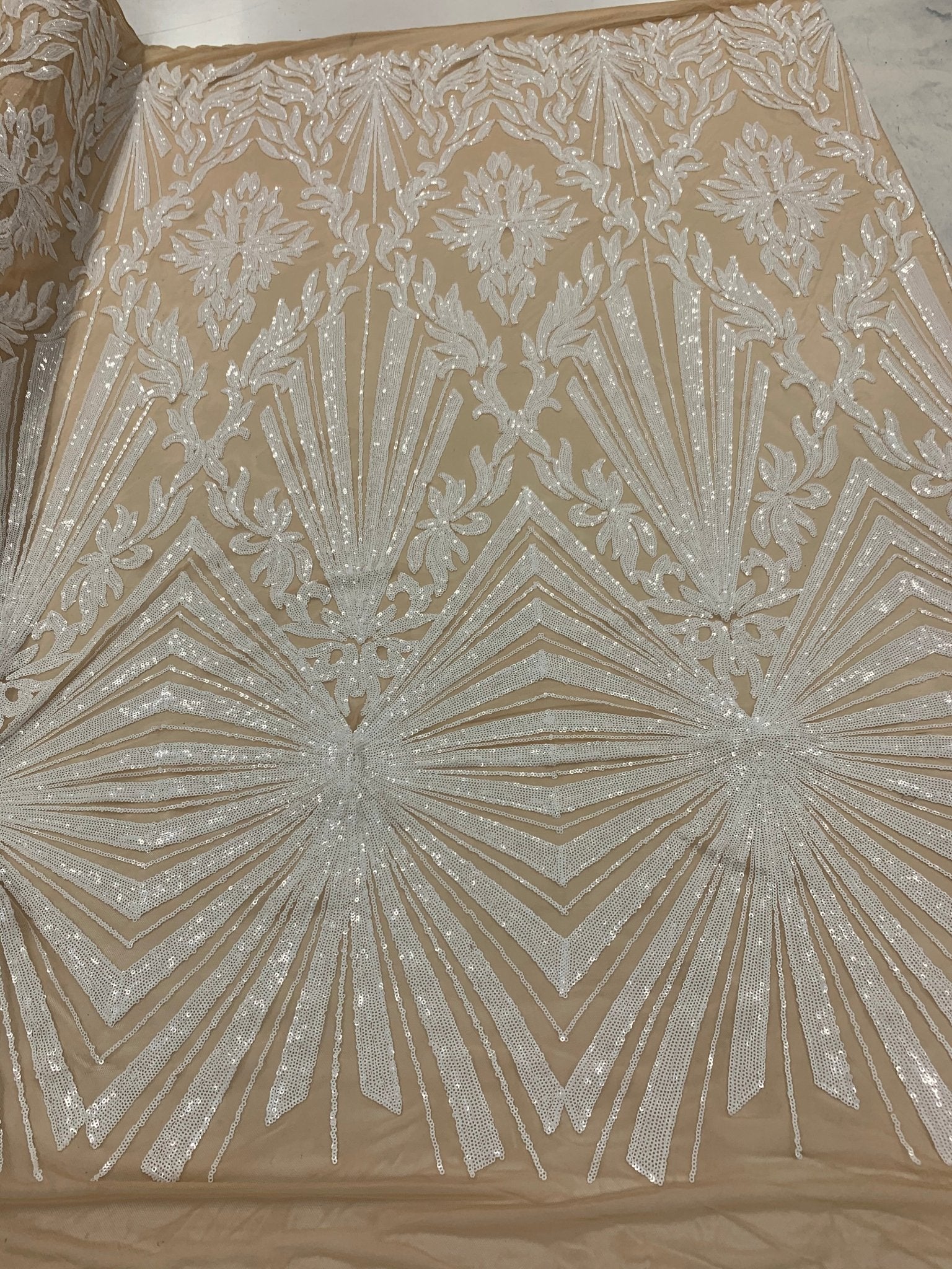 French Embroidery Stretch Sequins Fabric By The Yard on a Mesh LaceICEFABRICICE FABRICSWhite on Nude MeshFrench Embroidery Stretch Sequins Fabric By The Yard on a Mesh Lace ICEFABRIC White on Nude Mesh
