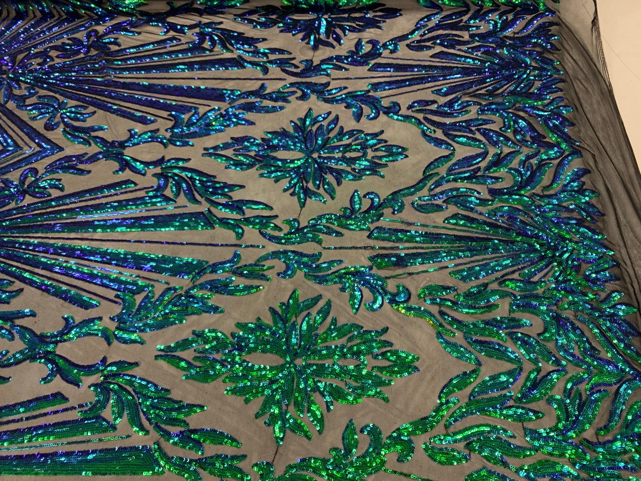 French Embroidery Stretch Sequins Fabric By The Yard on a Mesh LaceICEFABRICICE FABRICSIridescent GreenFrench Embroidery Stretch Sequins Fabric By The Yard on a Mesh Lace ICEFABRIC Iridescent Green