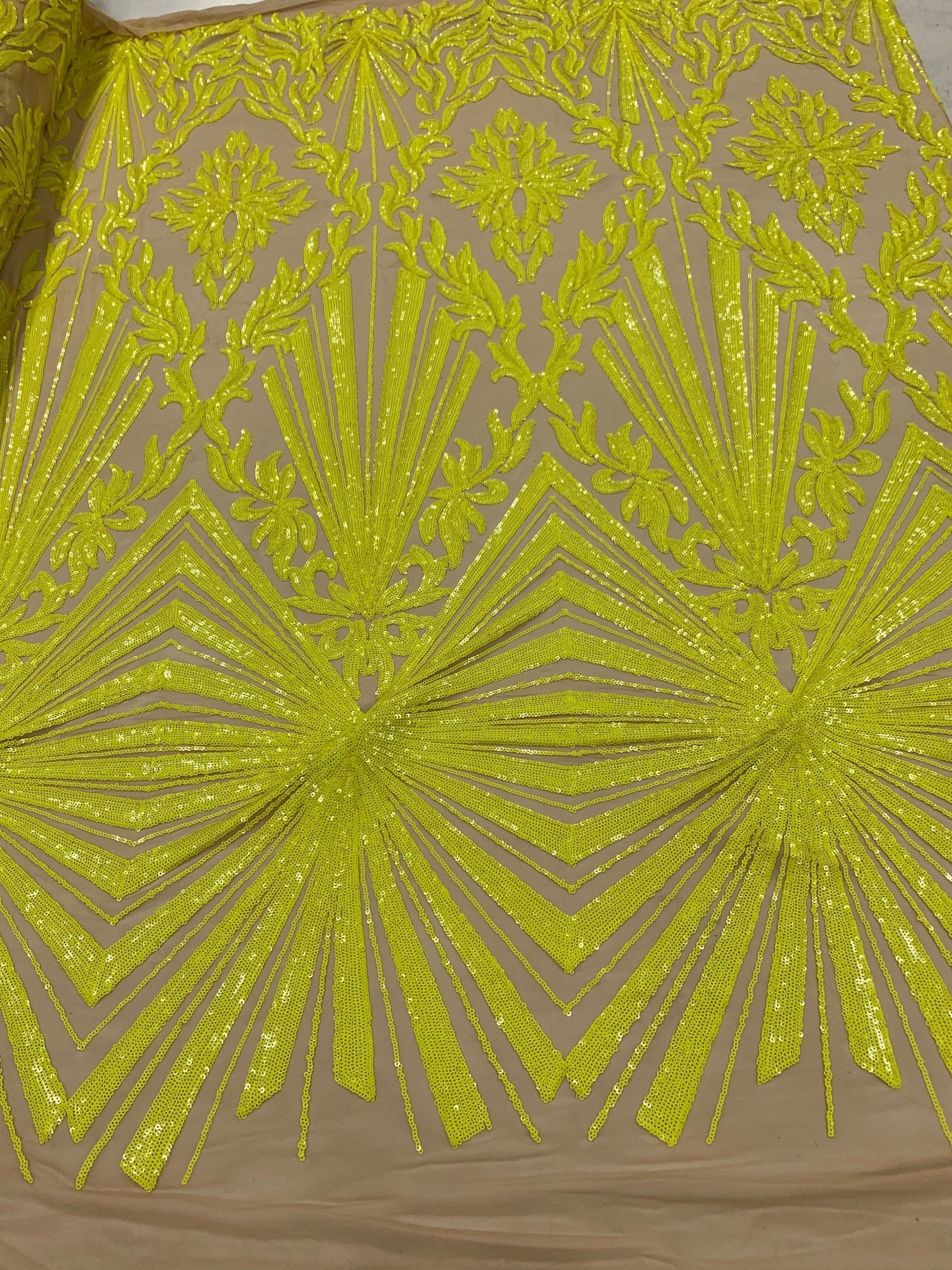 French Embroidery Stretch Sequins Fabric By The Yard on a Mesh LaceICEFABRICICE FABRICSYellow on Nude MeshFrench Embroidery Stretch Sequins Fabric By The Yard on a Mesh Lace ICEFABRIC Yellow on Nude Mesh