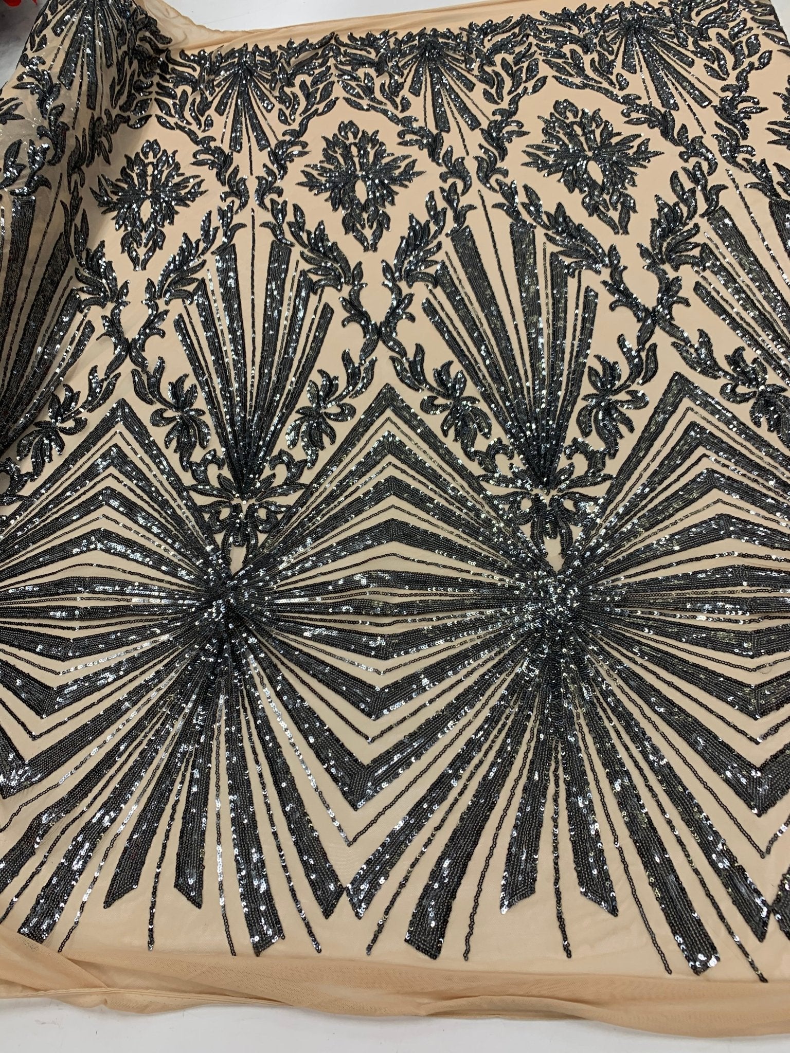 French Embroidery Stretch Sequins Fabric By The Yard on a Mesh LaceICEFABRICICE FABRICSGrayFrench Embroidery Stretch Sequins Fabric By The Yard on a Mesh Lace ICEFABRIC Black on Nude Mesh