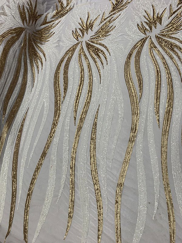 French Feather Embroidered Spandex 4 Way Stretch Sequin Mesh Lace FabricICEFABRICICE FABRICSGoldFrench Feather Embroidered Spandex 4 Way Stretch Sequin Mesh Lace Fabric ICEFABRIC White/Gold