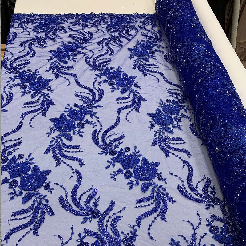 FRENCH FLOWERS BEADED MESH LACE FABRIC BY THE YARDICEFABRICICE FABRICSRoyal BlueFRENCH FLOWERS BEADED MESH LACE FABRIC BY THE YARD ICEFABRIC Royal Blue
