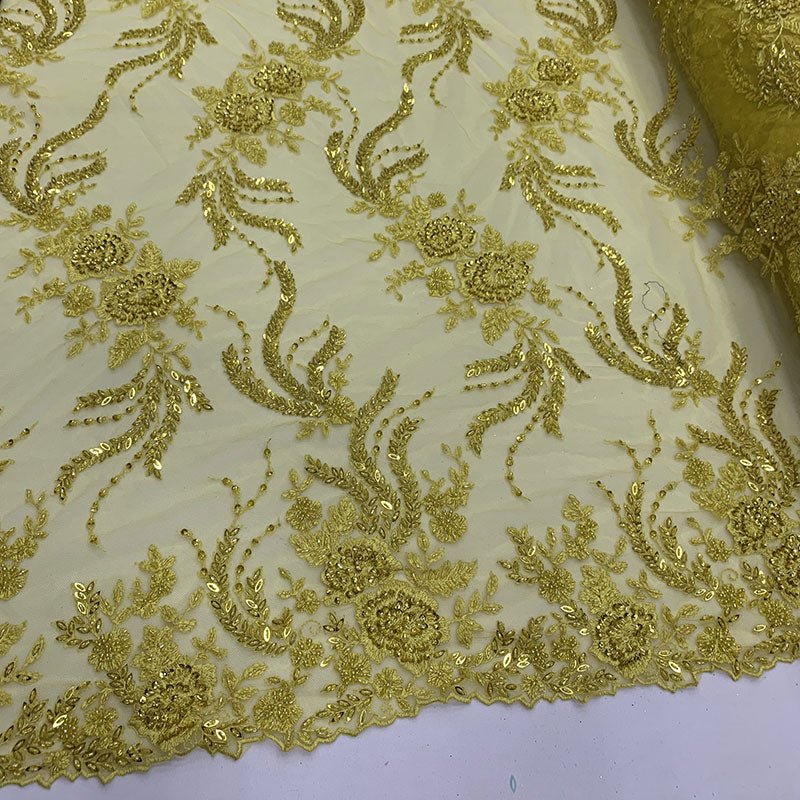 FRENCH FLOWERS BEADED MESH LACE FABRIC BY THE YARDICEFABRICICE FABRICSYellowFRENCH FLOWERS BEADED MESH LACE FABRIC BY THE YARD ICEFABRIC Yellow