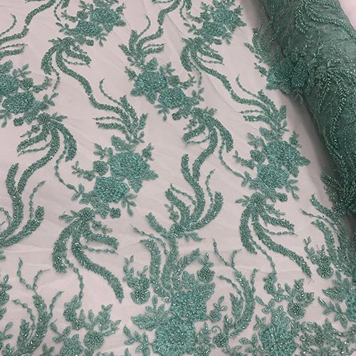FRENCH FLOWERS BEADED MESH LACE FABRIC BY THE YARDICEFABRICICE FABRICSMintFRENCH FLOWERS BEADED MESH LACE FABRIC BY THE YARD ICEFABRIC Mint