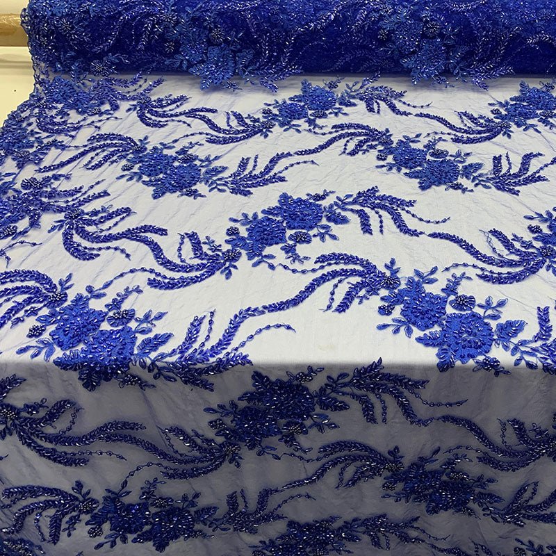 FRENCH FLOWERS BEADED MESH LACE FABRIC BY THE YARDICEFABRICICE FABRICSCoralFRENCH FLOWERS BEADED MESH LACE FABRIC BY THE YARD ICEFABRIC Royal Blue