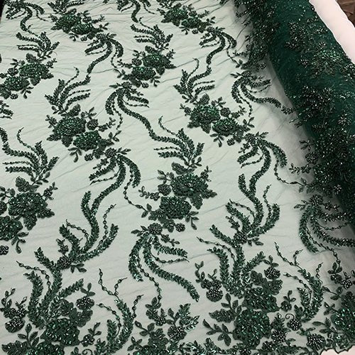 FRENCH FLOWERS BEADED MESH LACE FABRIC BY THE YARDICEFABRICICE FABRICSHunter GreenFRENCH FLOWERS BEADED MESH LACE FABRIC BY THE YARD ICEFABRIC Hunter Green