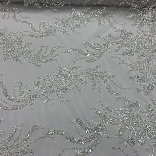 FRENCH FLOWERS BEADED MESH LACE FABRIC BY THE YARDICEFABRICICE FABRICSOff WhiteFRENCH FLOWERS BEADED MESH LACE FABRIC BY THE YARD ICEFABRIC Off White