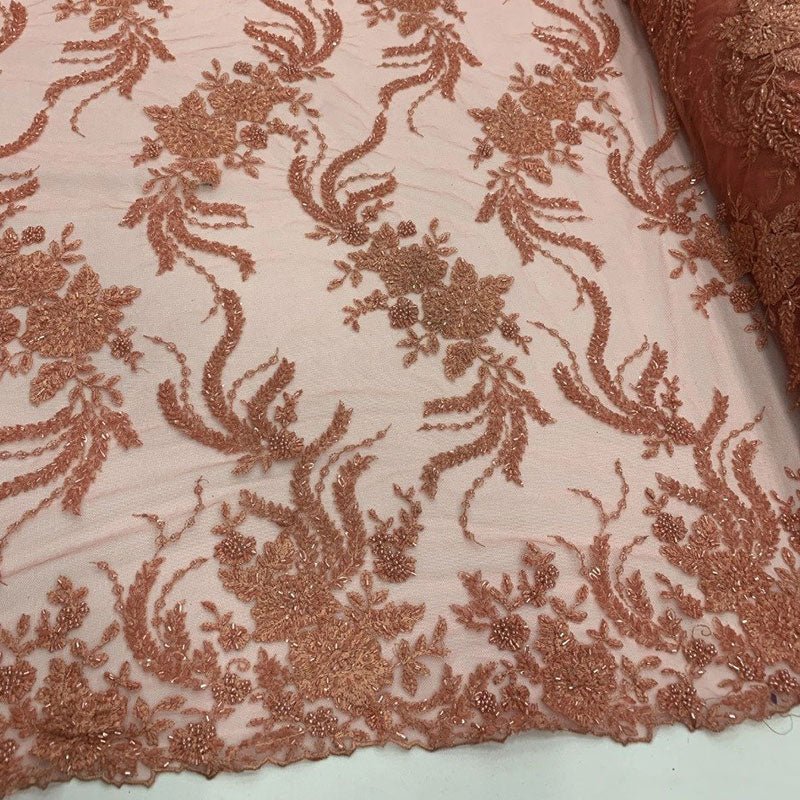 FRENCH FLOWERS BEADED MESH LACE FABRIC BY THE YARDICEFABRICICE FABRICSCoralFRENCH FLOWERS BEADED MESH LACE FABRIC BY THE YARD ICEFABRIC Coral