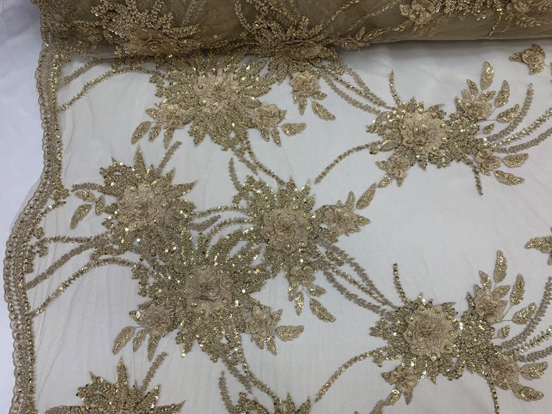 French Gold Modern 3D Flowers Beaded Mesh Lace Fabric By the YardICEFABRICICE FABRICSFrench Gold Modern 3D Flowers Beaded Mesh Lace Fabric By the Yard ICEFABRIC