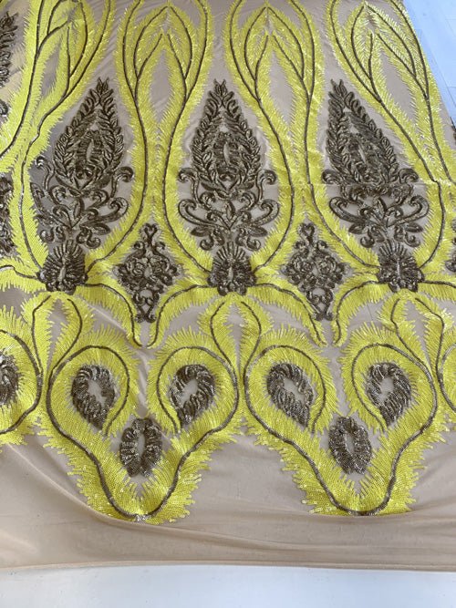 French Luxury 4 Way Stretch Sequins Spandex Power Mesh Lace FabricICEFABRICICE FABRICSYellowFrench Luxury 4 Way Stretch Sequins Spandex Power Mesh Lace Fabric ICEFABRIC Yellow
