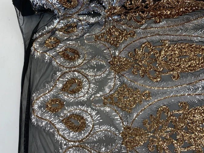 French Luxury 4 Way Stretch Sequins Spandex Power Mesh Lace FabricICEFABRICICE FABRICSRoyal BlueFrench Luxury 4 Way Stretch Sequins Spandex Power Mesh Lace Fabric ICEFABRIC Black&Gold
