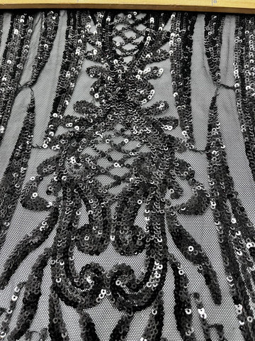 Black Geometric 4 Way Embroidered Stretch Sequin Fabric