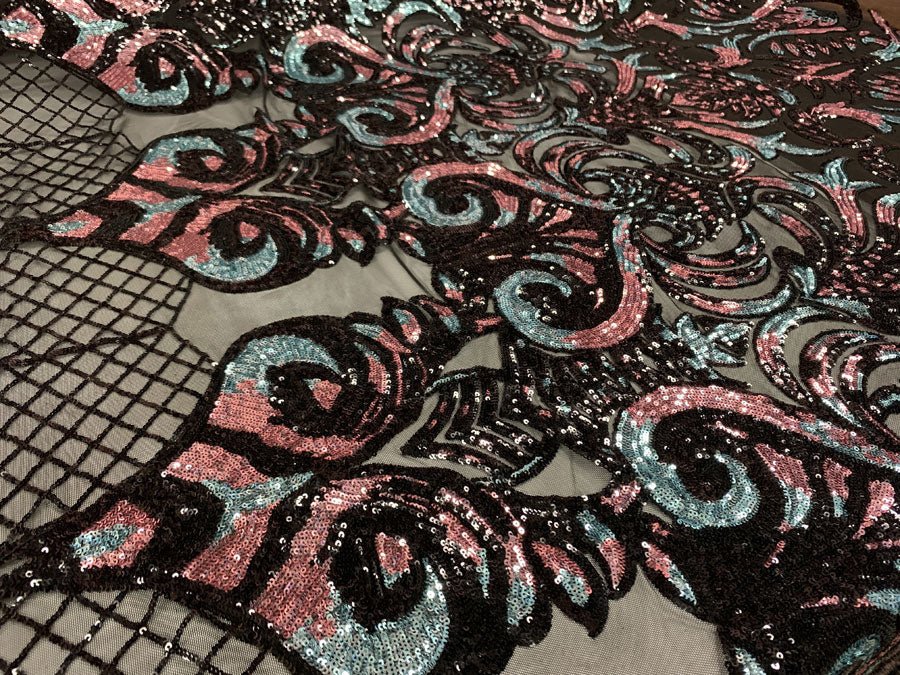 Geometric Design 4 Way Stretch Spandex Sequin Mesh Lace FabricICEFABRICICE FABRICSDusty Rose and Mint Iridescent on Black Mesh36 Inches (One Yard)Geometric Design 4 Way Stretch Spandex Sequin Mesh Lace Fabric ICEFABRIC Dusty Rose and Mint Iridescent on Black Mesh
