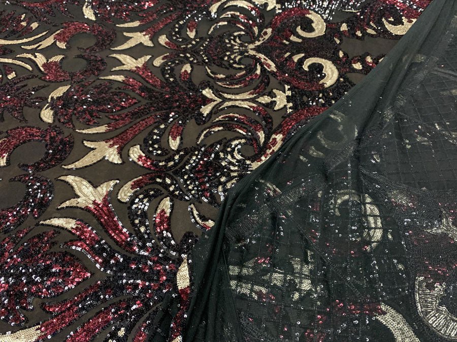Geometric Design 4 Way Stretch Spandex Sequin Mesh Lace FabricICEFABRICICE FABRICSWine Red and Gold Iridescent on Black36 Inches (One Yard)Geometric Design 4 Way Stretch Spandex Sequin Mesh Lace Fabric ICEFABRIC Wine Red and Gold Iridescent on Black