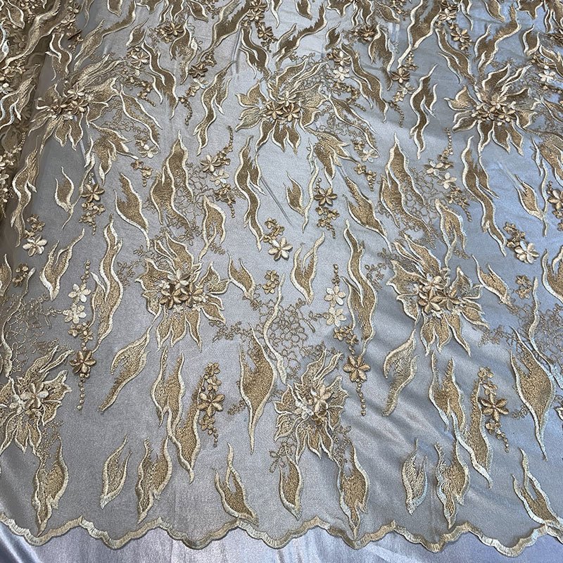 Gold_3D Flowers Embroidery Hand Beaded Mesh Lace Fabric By The YardICEFABRICICE FABRICSGold_3D Flowers Embroidery Hand Beaded Mesh Lace Fabric By The Yard ICEFABRIC