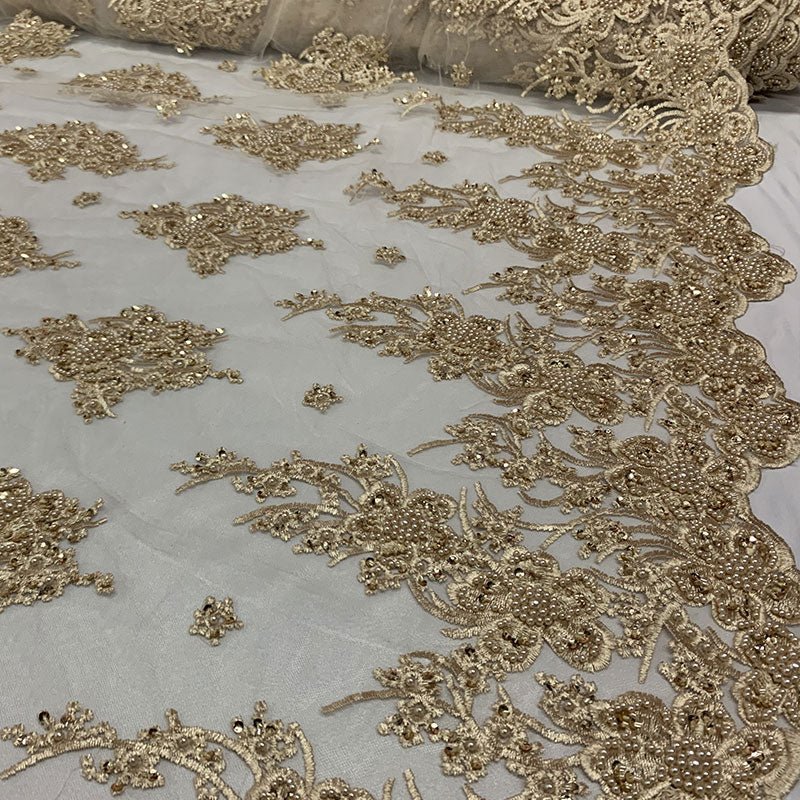 Gold Beaded Fabric _ Lace Floral embroidered fabric _ Bridal FabricICEFABRICICE FABRICSGoldPer Yard (36 Inches)Gold Beaded Fabric _ Lace Floral embroidered fabric _ Bridal Fabric ICEFABRIC