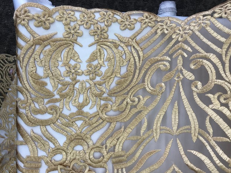 Gold Embroidered Bridal Wedding Designed Beaded Mesh Lace FabricICE FABRICSICE FABRICSGold Embroidered Bridal Wedding Designed Beaded Mesh Lace Fabric ICE FABRICS