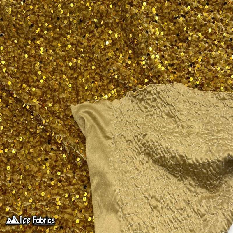 Gold Emma Stretch Velvet Fabric with Embroidery SequinICE FABRICSICE FABRICSBy The Yard (58" Wide)2 Way StretchGold Emma Stretch Velvet Fabric with Embroidery Sequin ICE FABRICS
