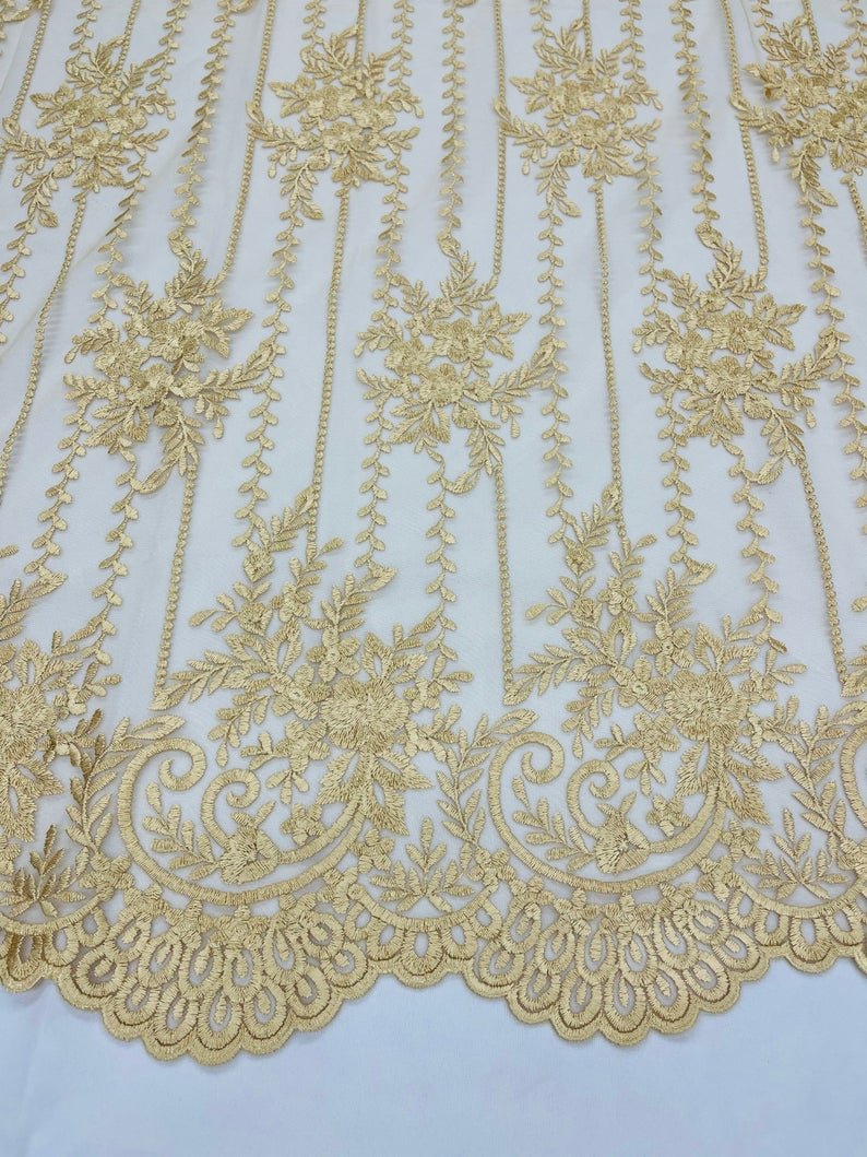 Gold Lace Fabric _ Embroidered Floral Flowers Lace on Mesh FabricICE FABRICSICE FABRICSPer YardGold Lace Fabric _ Embroidered Floral Flowers Lace on Mesh Fabric ICE FABRICS