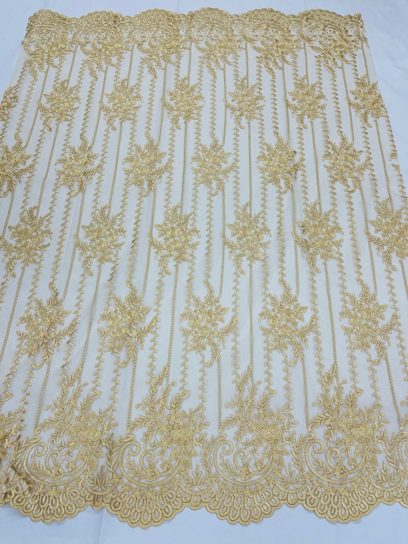 Gold Lace Fabric _ Embroidered Floral Flowers Lace on Mesh FabricICE FABRICSICE FABRICSPer YardGold Lace Fabric _ Embroidered Floral Flowers Lace on Mesh Fabric ICE FABRICS