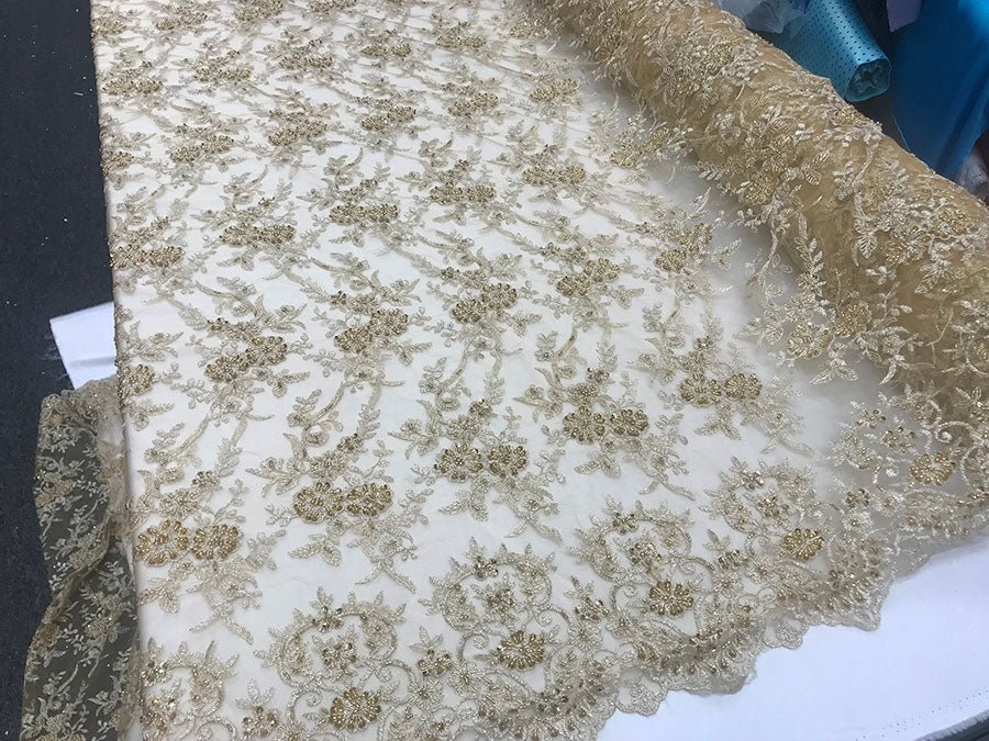 Gold New Design Embroidered Bridal Beaded Mesh Lace FabricICE FABRICSICE FABRICSGold New Design Embroidered Bridal Beaded Mesh Lace Fabric ICE FABRICS