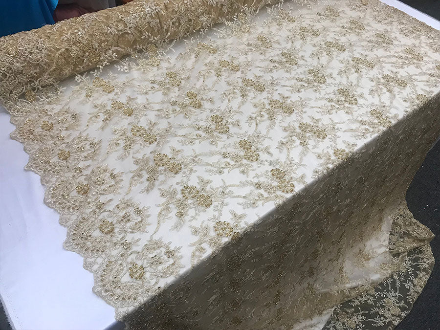 Gold New Design Embroidered Bridal Beaded Mesh Lace FabricICE FABRICSICE FABRICSGold New Design Embroidered Bridal Beaded Mesh Lace Fabric ICE FABRICS