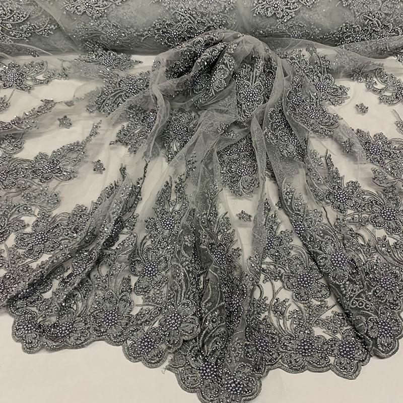 Gray Beaded Fabric _ Lace Floral embroidered fabric _ Bridal FabricICEFABRICICE FABRICSGrayPer Yard (36 Inches)Gray Beaded Fabric _ Lace Floral embroidered fabric _ Bridal Fabric ICEFABRIC