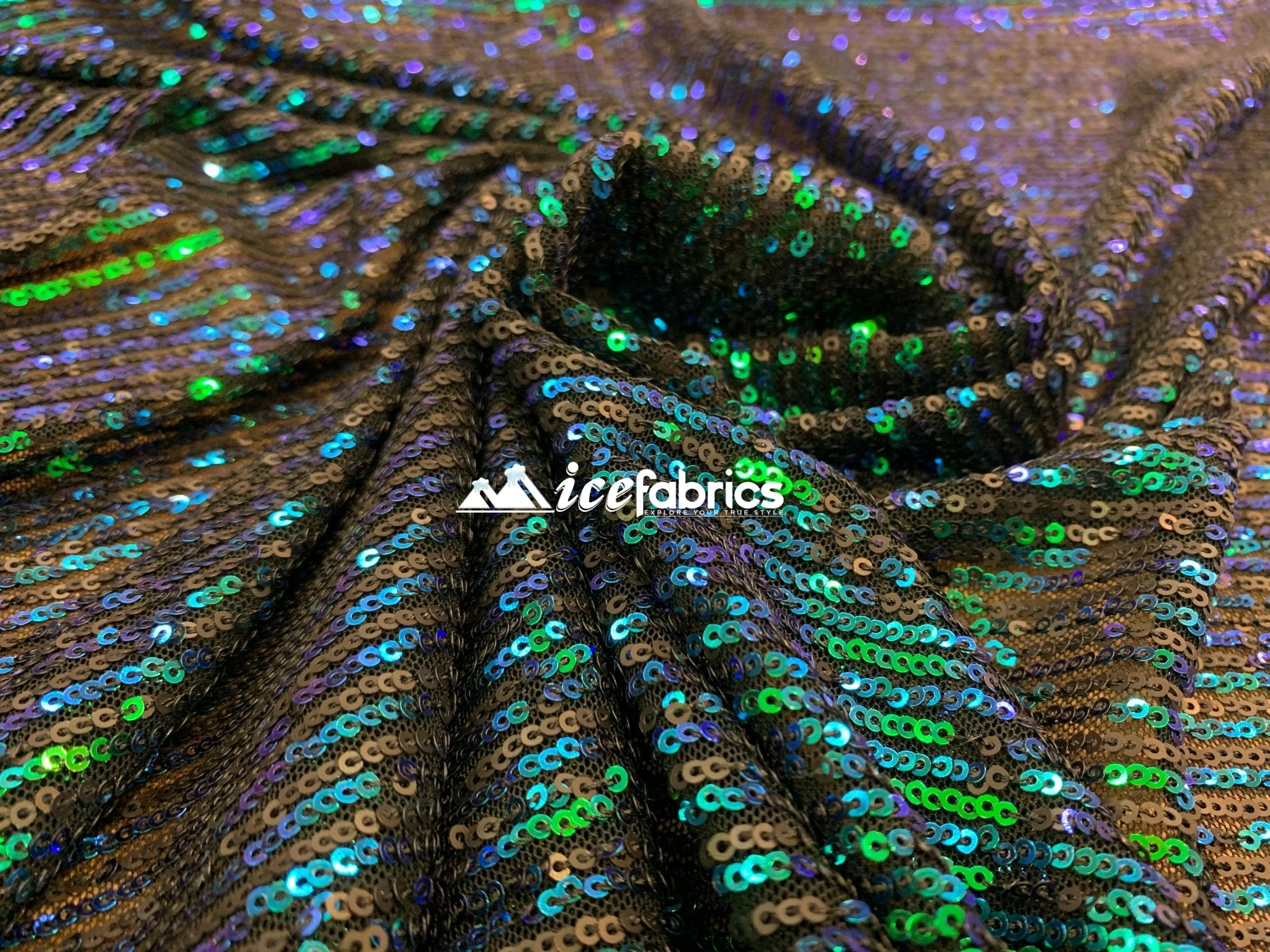 Green Iridescent Sequin 2 Way Mesh Stretch Sequins Fabric By The YardICEFABRICICE FABRICSGreen Iridescent Sequin 2 Way Mesh Stretch Sequins Fabric By The Yard ICEFABRIC
