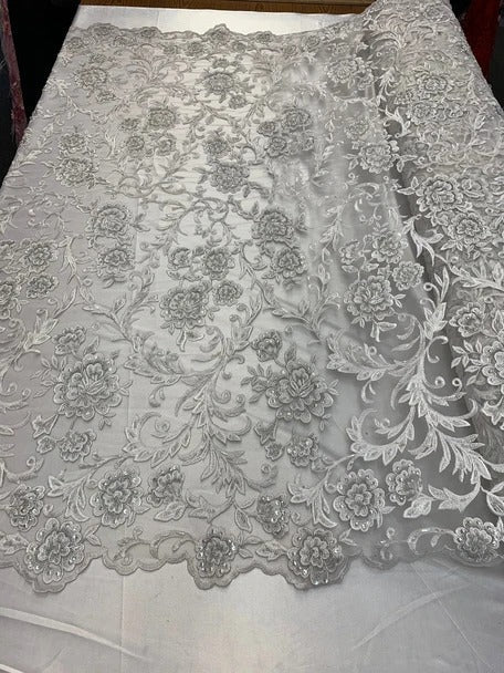 Hand Beaded Lace Fabric - Embroidery Floral Lace With Sequins And FlowersICE FABRICSICE FABRICSWhiteHand Beaded Lace Fabric - Embroidery Floral Lace With Sequins And Flowers ICE FABRICS White