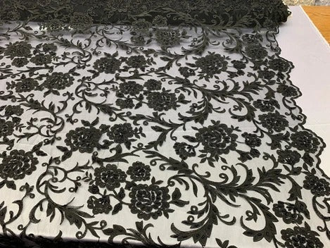 Hand Beaded Lace Fabric - Embroidery Floral Lace With Sequins And FlowersICE FABRICSICE FABRICSRedHand Beaded Lace Fabric - Embroidery Floral Lace With Sequins And Flowers ICE FABRICS Black