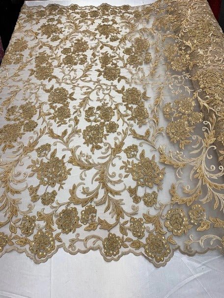 Hand Beaded Lace Fabric - Embroidery Floral Lace With Sequins And FlowersICE FABRICSICE FABRICSGoldHand Beaded Lace Fabric - Embroidery Floral Lace With Sequins And Flowers ICE FABRICS Gold