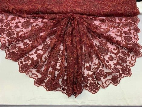 Hand Beaded Lace Fabric - Embroidery Floral Lace With Sequins And FlowersICE FABRICSICE FABRICSBurgundyHand Beaded Lace Fabric - Embroidery Floral Lace With Sequins And Flowers ICE FABRICS Burgundy