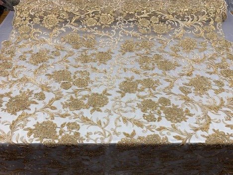 Hand Beaded Lace Fabric - Embroidery Floral Lace With Sequins And FlowersICE FABRICSICE FABRICSDusty RoseHand Beaded Lace Fabric - Embroidery Floral Lace With Sequins And Flowers ICE FABRICS Gold