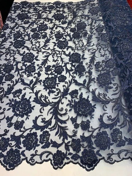 Hand Beaded Lace Fabric - Embroidery Floral Lace With Sequins And FlowersICE FABRICSICE FABRICSBlackHand Beaded Lace Fabric - Embroidery Floral Lace With Sequins And Flowers ICE FABRICS Navy Blue
