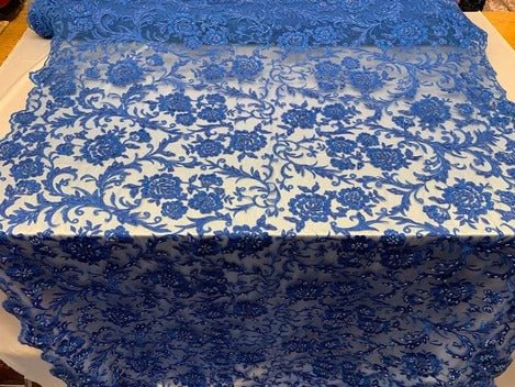 Hand Beaded Lace Fabric - Embroidery Floral Lace With Sequins And FlowersICE FABRICSICE FABRICSRoyal BlueHand Beaded Lace Fabric - Embroidery Floral Lace With Sequins And Flowers ICE FABRICS Royal Blue
