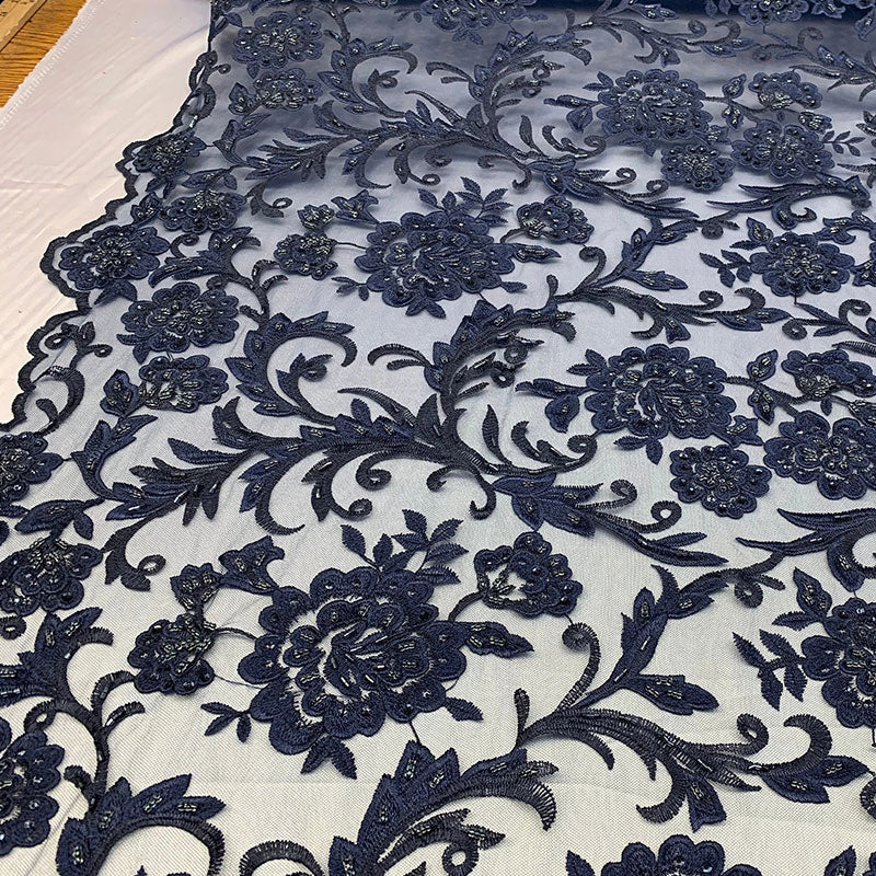 Hand Beaded Lace Fabric - Embroidery Floral Lace With Sequins And FlowersICE FABRICSICE FABRICSNavy BlueHand Beaded Lace Fabric - Embroidery Floral Lace With Sequins And Flowers ICE FABRICS Navy Blue