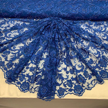 Floral Embroidered Hand Beaded Mesh Lace Fabric