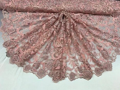 Hand Beaded Lace Fabric - Embroidery Floral Lace With Sequins And FlowersICE FABRICSICE FABRICSDusty RoseHand Beaded Lace Fabric - Embroidery Floral Lace With Sequins And Flowers ICE FABRICS Pink/Blush