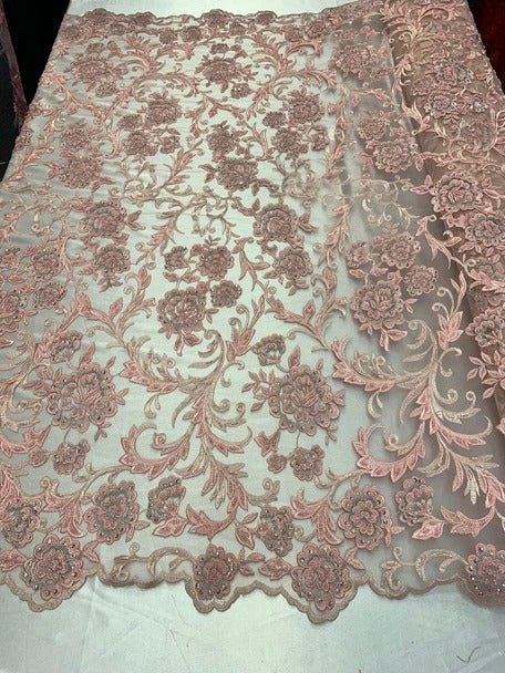 Hand Beaded Lace Fabric - Embroidery Floral Lace With Sequins And FlowersICE FABRICSICE FABRICSDusty RoseHand Beaded Lace Fabric - Embroidery Floral Lace With Sequins And Flowers ICE FABRICS Pink/Blush