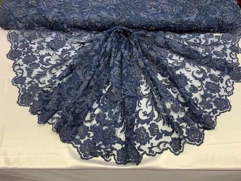 Hand Beaded Lace Fabric - Embroidery Floral Lace With Sequins And FlowersICE FABRICSICE FABRICSBlackHand Beaded Lace Fabric - Embroidery Floral Lace With Sequins And Flowers ICE FABRICS Navy Blue