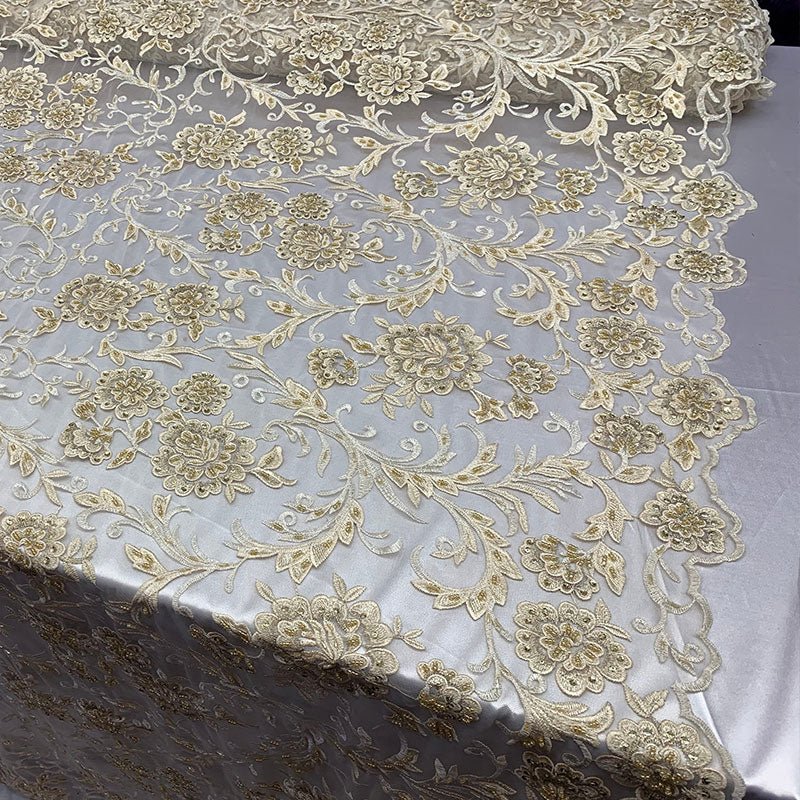 Floral Embroidered Hand Beaded Mesh Lace Fabric - IceFabrics