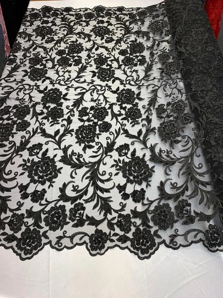 Hand Beaded Lace Fabric - Embroidery Floral Lace With Sequins And FlowersICE FABRICSICE FABRICSRedHand Beaded Lace Fabric - Embroidery Floral Lace With Sequins And Flowers ICE FABRICS Black