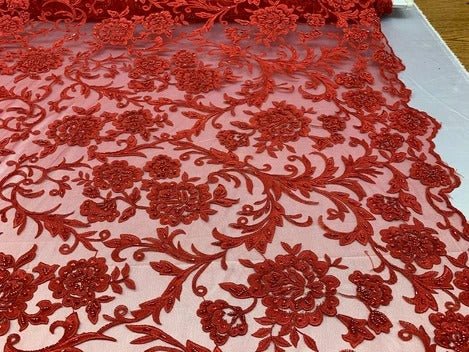 Hand Beaded Lace Fabric - Embroidery Floral Lace With Sequins And FlowersICE FABRICSICE FABRICSRedHand Beaded Lace Fabric - Embroidery Floral Lace With Sequins And Flowers ICE FABRICS Red
