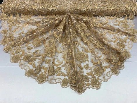 Hand Beaded Lace Fabric - Embroidery Floral Lace With Sequins And FlowersICE FABRICSICE FABRICSGoldHand Beaded Lace Fabric - Embroidery Floral Lace With Sequins And Flowers ICE FABRICS Gold