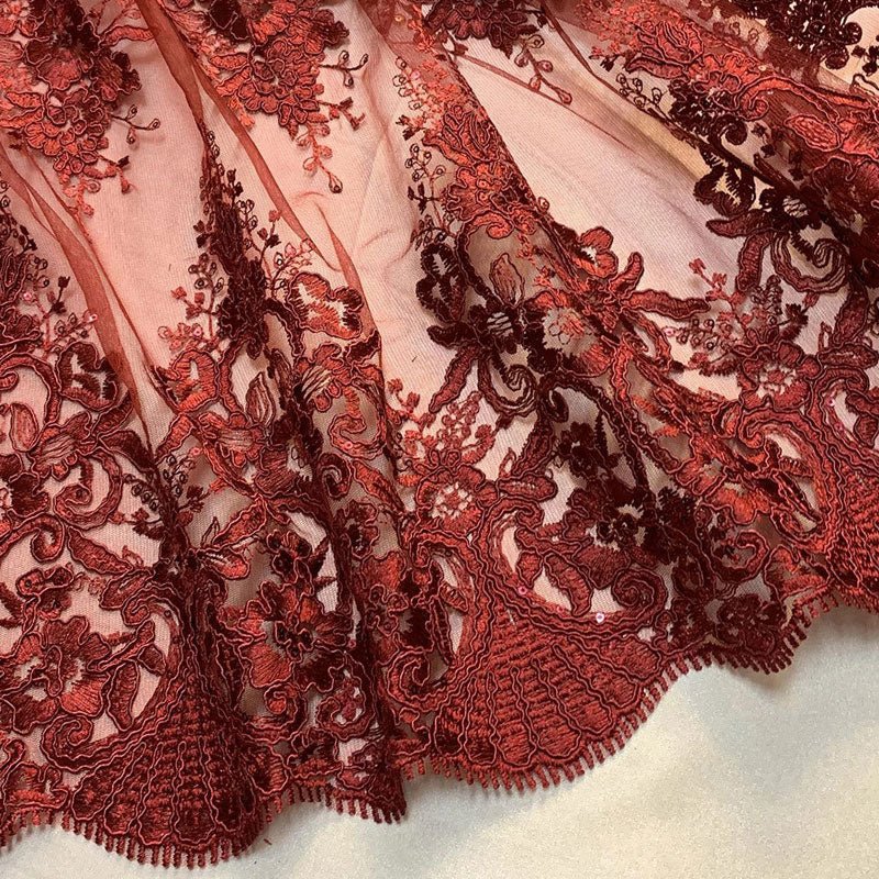 Hand Made Mesh Floral Lace Embroidery Fabric By The YardICEFABRICICE FABRICSBurgundyHand Made Mesh Floral Lace Embroidery Fabric By The Yard ICEFABRIC Burgundy