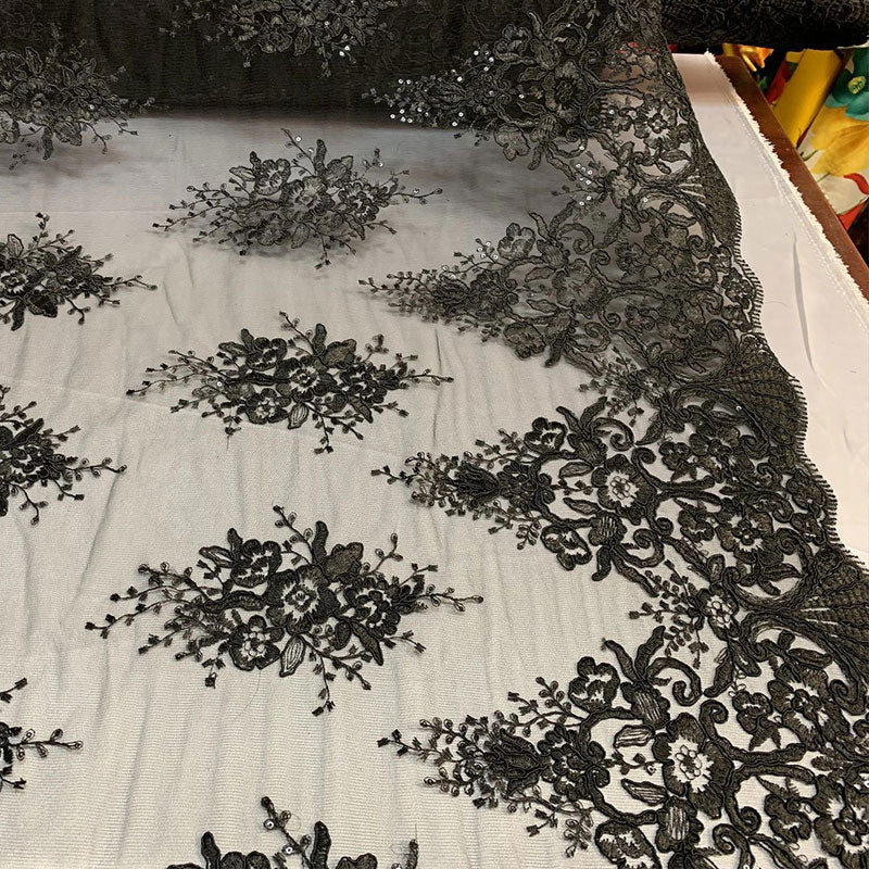 Hand Made Mesh Floral Lace Embroidery Fabric By The YardICEFABRICICE FABRICSIvoryHand Made Mesh Floral Lace Embroidery Fabric By The Yard ICEFABRIC Black