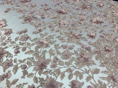 Handmade 3D Flowers Embroidered Beads And Pearls Beaded Mesh Lace FabricICE FABRICSICE FABRICSOrangeHandmade 3D Flowers Embroidered Beads And Pearls Beaded Mesh Lace Fabric ICE FABRICS Dusty Rose